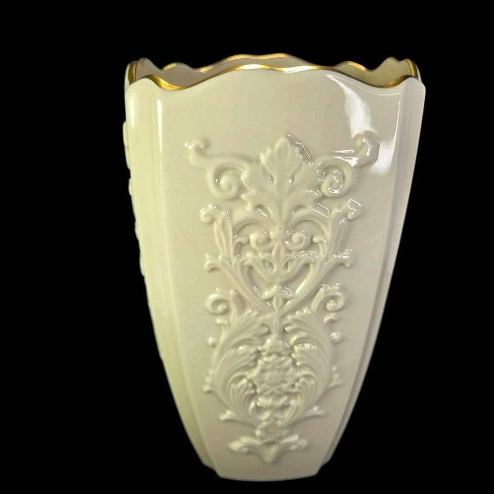 Lenox Eros Vase Cream Gold Trim Embossed Floral Design Porcelain Scalloped Edge
